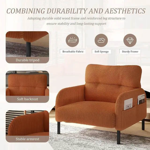 Alt view image 4 of 7 - Comfy Single Sofa Chair with Wide Seat, Corduroy Upholstered Modern Accent Armchair with Side Pockets and Reinforced Legs, Living Room Readubg Chair for Bedroom, Waiting Room, Balcony, Orange