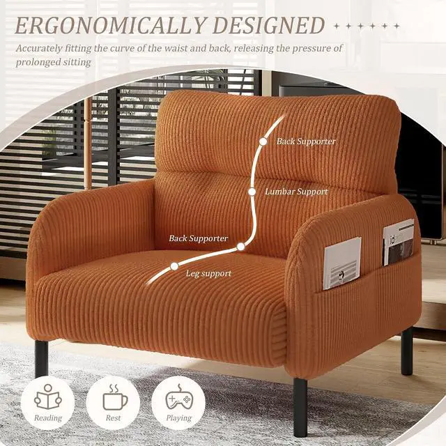 Alt view image 5 of 7 - Comfy Single Sofa Chair with Wide Seat, Corduroy Upholstered Modern Accent Armchair with Side Pockets and Reinforced Legs, Living Room Readubg Chair for Bedroom, Waiting Room, Balcony, Orange
