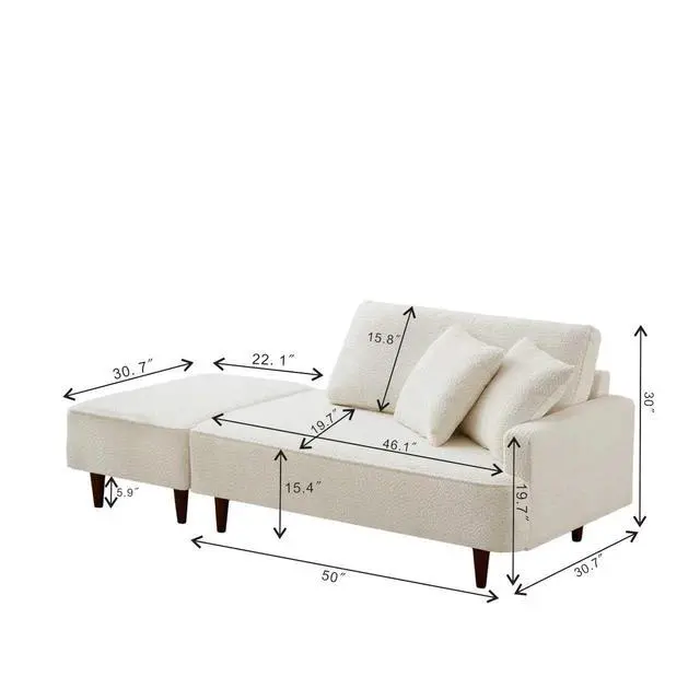 Alt view image 2 of 7 - Boucle Upholstered Chaise Lounge with Stool, Soft Sleeper Chair with Right Hand Armrest and 2 Throw Pillows, Leisure Couch, Accent Reading Chair with for Living Room, Bedroom, White