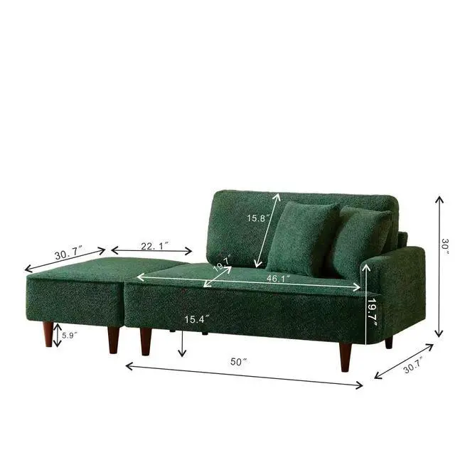 Alt view image 2 of 7 - Boucle Upholstered Chaise Lounge with Stool, Soft Sleeper Chair with Right Hand Armrest and 2 Throw Pillows, Leisure Couch, Accent Reading Chair with for Living Room, Bedroom, Green