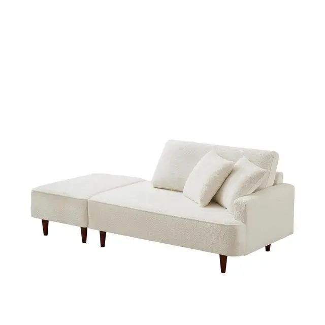 Alt view image 3 of 7 - Boucle Upholstered Chaise Lounge with Stool, Soft Sleeper Chair with Right Hand Armrest and 2 Throw Pillows, Leisure Couch, Accent Reading Chair with for Living Room, Bedroom, White
