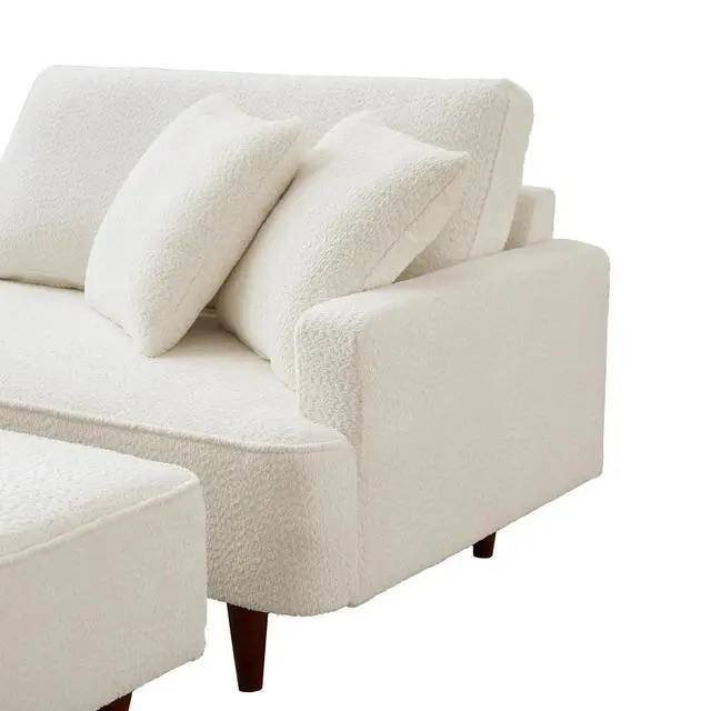 Alt view image 6 of 7 - Boucle Upholstered Chaise Lounge with Stool, Soft Sleeper Chair with Right Hand Armrest and 2 Throw Pillows, Leisure Couch, Accent Reading Chair with for Living Room, Bedroom, White