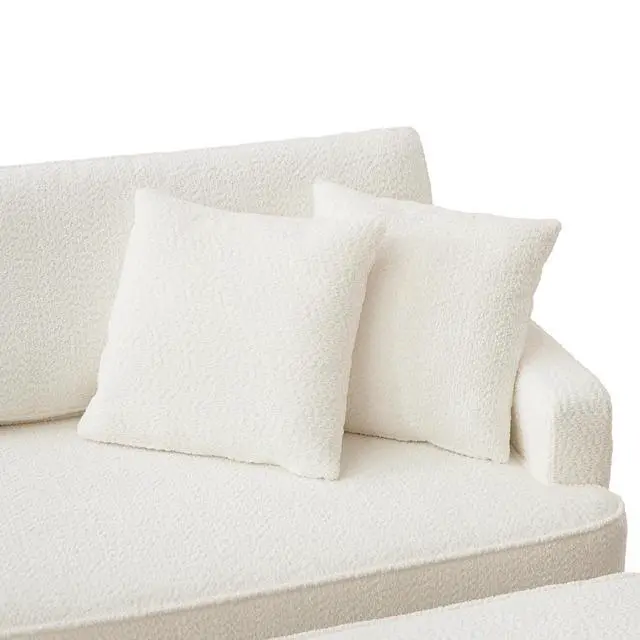 Alt view image 7 of 7 - Boucle Upholstered Chaise Lounge with Stool, Soft Sleeper Chair with Right Hand Armrest and 2 Throw Pillows, Leisure Couch, Accent Reading Chair with for Living Room, Bedroom, White
