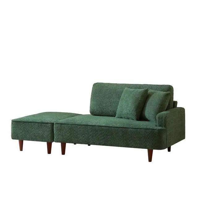 Alt view image 3 of 7 - Boucle Upholstered Chaise Lounge with Stool, Soft Sleeper Chair with Right Hand Armrest and 2 Throw Pillows, Leisure Couch, Accent Reading Chair with for Living Room, Bedroom, Green