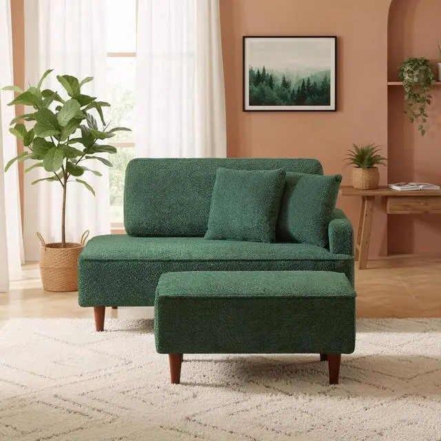 Main image of Boucle Upholstered Chaise Lounge with Stool, Soft Sleeper Chair with Right Hand Armrest and 2 Throw Pillows, Leisure Couch, Accent Reading Chair with for Living Room, Bedroom, Green