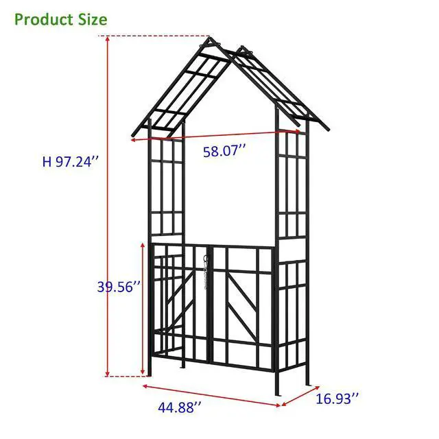 Alt view image 2 of 6 - Metal Garden Arbor with Gate, Garden Trellis for Climbing Plants Outdoor, W4.8Ft*H8.1Ft Wedding Trellis Arch for Lawn, Patio, Backyard, Party, Ceremony Decoration, Black