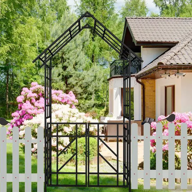 Main image of Metal Garden Arbor with Gate, Garden Trellis for Climbing Plants Outdoor, W4.8Ft*H8.1Ft Wedding Trellis Arch for Lawn, Patio, Backyard, Party, Ceremony Decoration, Black