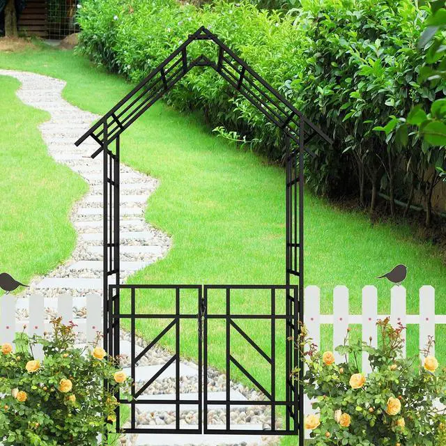 Alt view image 3 of 6 - Metal Garden Arbor with Gate, Garden Trellis for Climbing Plants Outdoor, W4.8Ft*H8.1Ft Wedding Trellis Arch for Lawn, Patio, Backyard, Party, Ceremony Decoration, Black