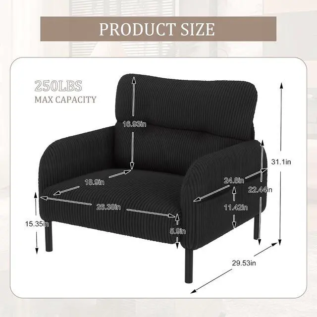 Alt view image 2 of 7 - Comfy Single Sofa Chair with Wide Seat, Corduroy Upholstered Modern Accent Armchair with Side Pockets and Reinforced Legs, Living Room Readubg Chair for Bedroom, Waiting Room, Balcony, Black