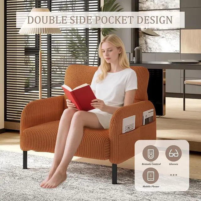 Alt view image 6 of 7 - Comfy Single Sofa Chair with Wide Seat, Corduroy Upholstered Modern Accent Armchair with Side Pockets and Reinforced Legs, Living Room Readubg Chair for Bedroom, Waiting Room, Balcony, Orange