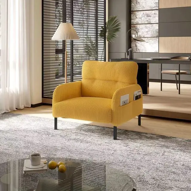 Main image of Comfy Single Sofa Chair with Wide Seat, Corduroy Upholstered Modern Accent Armchair with Side Pockets and Reinforced Legs, Living Room Readubg Chair for Bedroom, Waiting Room, Balcony, Yellow