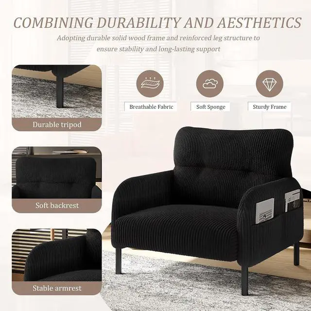 Alt view image 4 of 7 - Comfy Single Sofa Chair with Wide Seat, Corduroy Upholstered Modern Accent Armchair with Side Pockets and Reinforced Legs, Living Room Readubg Chair for Bedroom, Waiting Room, Balcony, Black