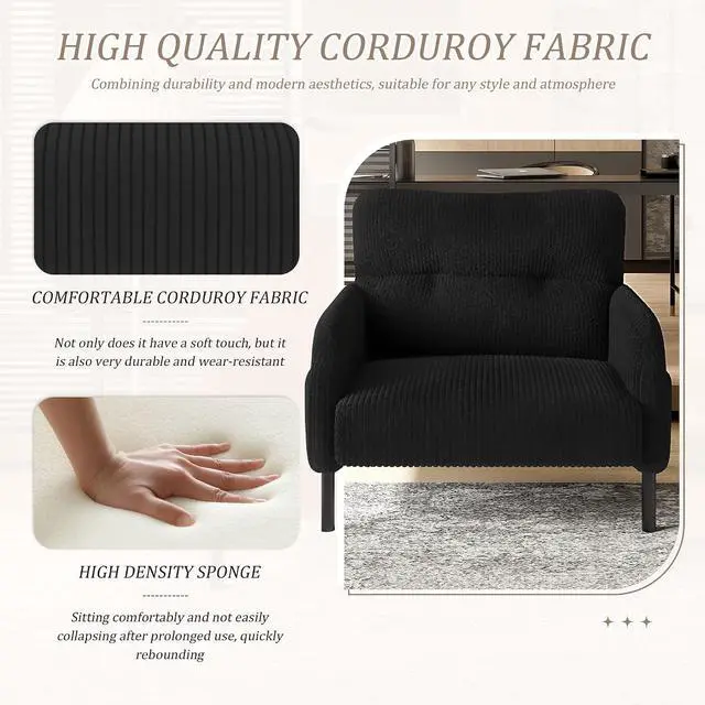 Alt view image 5 of 7 - Comfy Single Sofa Chair with Wide Seat, Corduroy Upholstered Modern Accent Armchair with Side Pockets and Reinforced Legs, Living Room Readubg Chair for Bedroom, Waiting Room, Balcony, Black