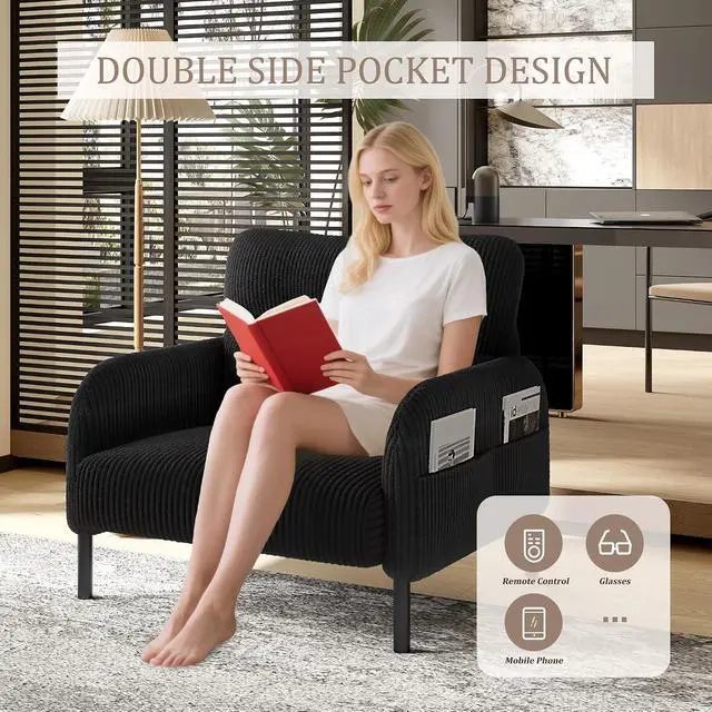 Alt view image 3 of 7 - Comfy Single Sofa Chair with Wide Seat, Corduroy Upholstered Modern Accent Armchair with Side Pockets and Reinforced Legs, Living Room Readubg Chair for Bedroom, Waiting Room, Balcony, Black