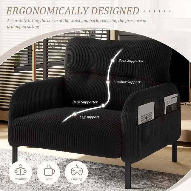 Alt view image 6 of 7 - Comfy Single Sofa Chair with Wide Seat, Corduroy Upholstered Modern Accent Armchair with Side Pockets and Reinforced Legs, Living Room Readubg Chair for Bedroom, Waiting Room, Balcony, Black