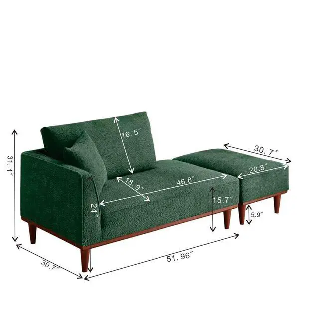 Alt view image 2 of 6 - Upholstered Chaise Lounge with Stool, Sleeper Chair with Left Hand Armrest and Pillow for Living Room Bedroom, Leisure Couch Accent Reading Chair with Ottoman for Living Room, Bedroom, Green