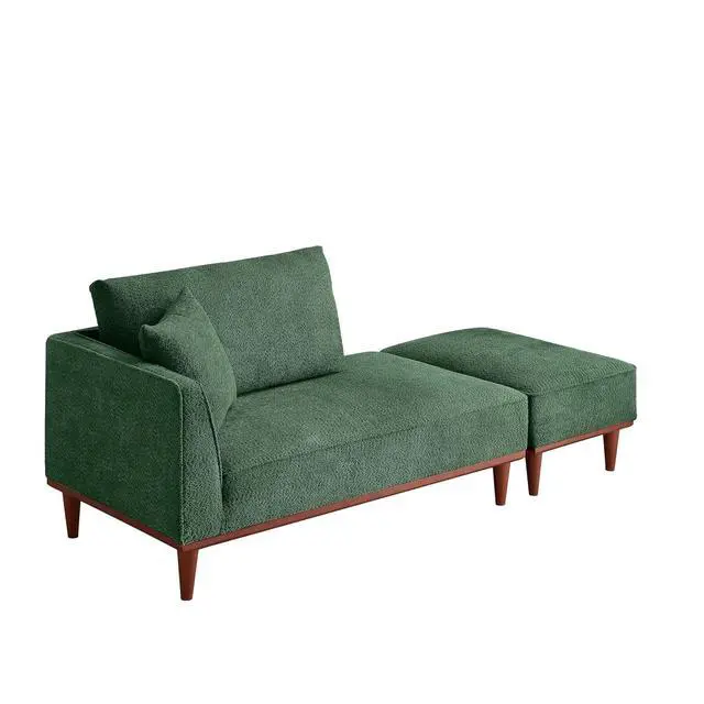 Alt view image 4 of 6 - Upholstered Chaise Lounge with Stool, Sleeper Chair with Left Hand Armrest and Pillow for Living Room Bedroom, Leisure Couch Accent Reading Chair with Ottoman for Living Room, Bedroom, Green