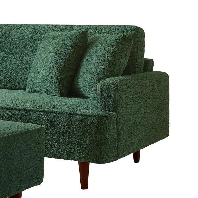 Alt view image 7 of 7 - Boucle Upholstered Chaise Lounge with Stool, Soft Sleeper Chair with Right Hand Armrest and 2 Throw Pillows, Leisure Couch, Accent Reading Chair with for Living Room, Bedroom, Green