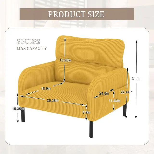 Alt view image 2 of 7 - Comfy Single Sofa Chair with Wide Seat, Corduroy Upholstered Modern Accent Armchair with Side Pockets and Reinforced Legs, Living Room Readubg Chair for Bedroom, Waiting Room, Balcony, Yellow