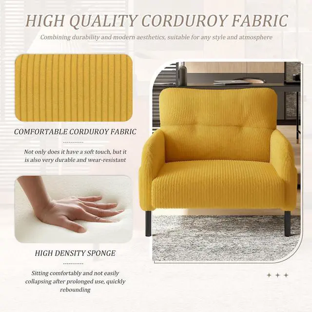 Alt view image 3 of 7 - Comfy Single Sofa Chair with Wide Seat, Corduroy Upholstered Modern Accent Armchair with Side Pockets and Reinforced Legs, Living Room Readubg Chair for Bedroom, Waiting Room, Balcony, Yellow