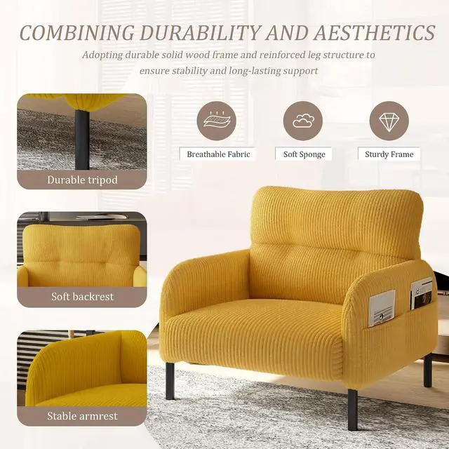 Alt view image 4 of 7 - Comfy Single Sofa Chair with Wide Seat, Corduroy Upholstered Modern Accent Armchair with Side Pockets and Reinforced Legs, Living Room Readubg Chair for Bedroom, Waiting Room, Balcony, Yellow