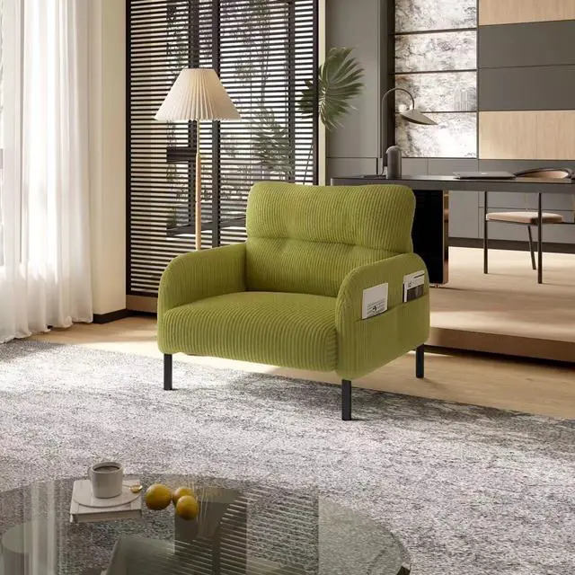 Main image of Comfy Single Sofa Chair with Wide Seat, Corduroy Upholstered Modern Accent Armchair with Side Pockets and Reinforced Legs, Living Room Readubg Chair for Bedroom, Waiting Room, Balcony, Olive Green