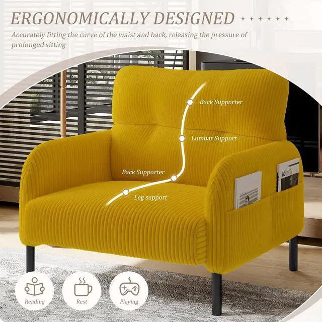 Alt view image 6 of 7 - Comfy Single Sofa Chair with Wide Seat, Corduroy Upholstered Modern Accent Armchair with Side Pockets and Reinforced Legs, Living Room Readubg Chair for Bedroom, Waiting Room, Balcony, Yellow