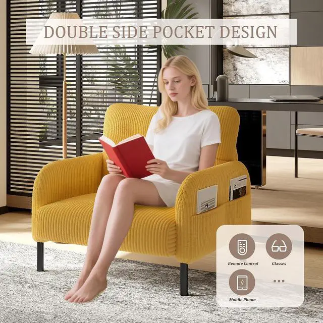 Alt view image 5 of 7 - Comfy Single Sofa Chair with Wide Seat, Corduroy Upholstered Modern Accent Armchair with Side Pockets and Reinforced Legs, Living Room Readubg Chair for Bedroom, Waiting Room, Balcony, Yellow