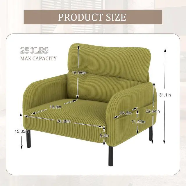 Alt view image 2 of 7 - Comfy Single Sofa Chair with Wide Seat, Corduroy Upholstered Modern Accent Armchair with Side Pockets and Reinforced Legs, Living Room Readubg Chair for Bedroom, Waiting Room, Balcony, Olive Green