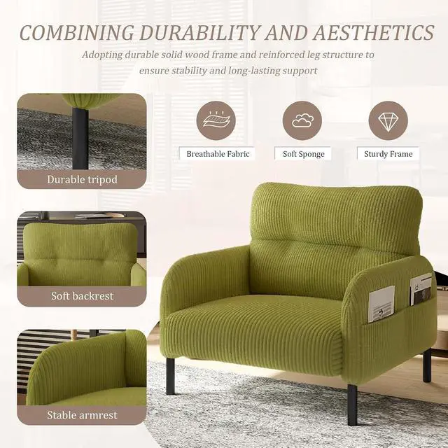 Alt view image 4 of 7 - Comfy Single Sofa Chair with Wide Seat, Corduroy Upholstered Modern Accent Armchair with Side Pockets and Reinforced Legs, Living Room Readubg Chair for Bedroom, Waiting Room, Balcony, Olive Green