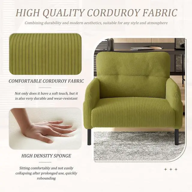 Alt view image 3 of 7 - Comfy Single Sofa Chair with Wide Seat, Corduroy Upholstered Modern Accent Armchair with Side Pockets and Reinforced Legs, Living Room Readubg Chair for Bedroom, Waiting Room, Balcony, Olive Green