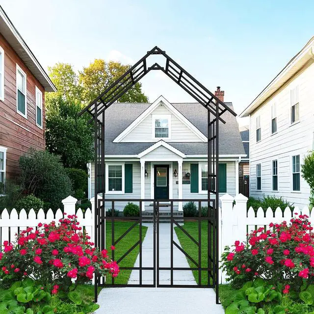 Alt view image 6 of 6 - Metal Garden Arbor with Gate, Garden Trellis for Climbing Plants Outdoor, W4.8Ft*H8.1Ft Wedding Trellis Arch for Lawn, Patio, Backyard, Party, Ceremony Decoration, Black
