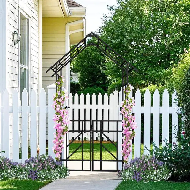 Alt view image 5 of 6 - Metal Garden Arbor with Gate, Garden Trellis for Climbing Plants Outdoor, W4.8Ft*H8.1Ft Wedding Trellis Arch for Lawn, Patio, Backyard, Party, Ceremony Decoration, Black
