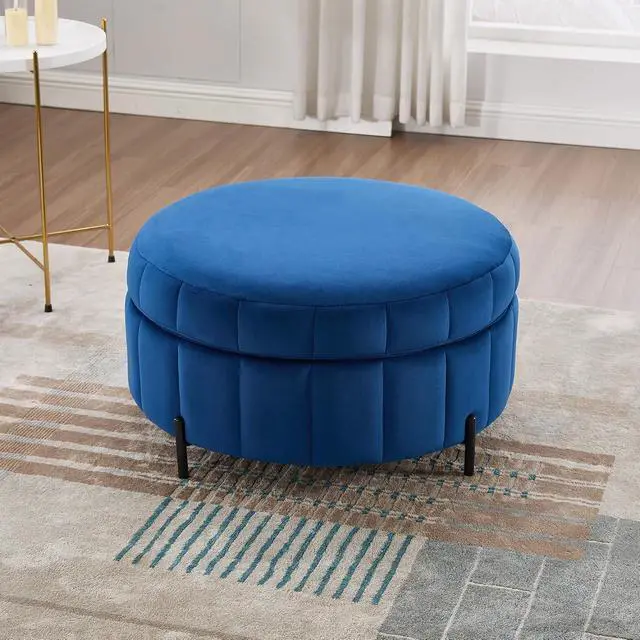Alt view image 2 of 7 - 31.5" Large Round Ottoman with Storage, Velvet Upholstered Round Coffee Table With Reversible Lid, Tufted Couch Ottoman Storage Stool, Pumpkin-shape Footstool for Living room, Bedroom and Office,Navy