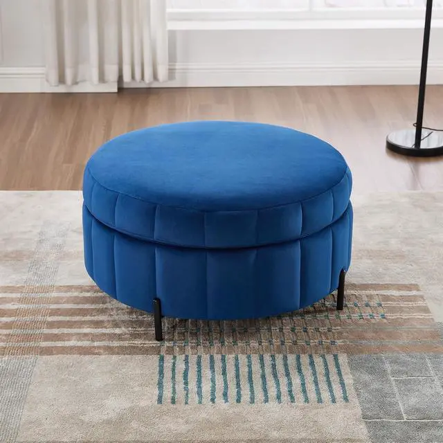 Alt view image 4 of 7 - 31.5" Large Round Ottoman with Storage, Velvet Upholstered Round Coffee Table With Reversible Lid, Tufted Couch Ottoman Storage Stool, Pumpkin-shape Footstool for Living room, Bedroom and Office,Navy