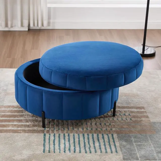 Alt view image 5 of 7 - 31.5" Large Round Ottoman with Storage, Velvet Upholstered Round Coffee Table With Reversible Lid, Tufted Couch Ottoman Storage Stool, Pumpkin-shape Footstool for Living room, Bedroom and Office,Navy