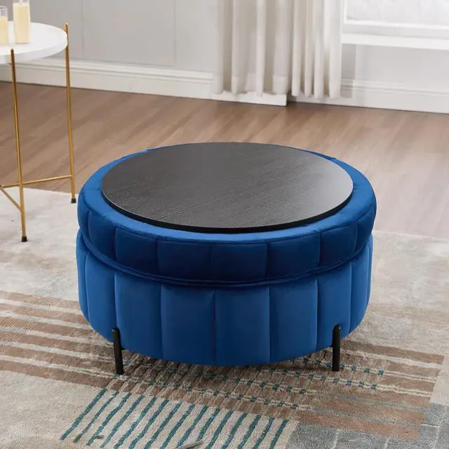 Alt view image 6 of 7 - 31.5" Large Round Ottoman with Storage, Velvet Upholstered Round Coffee Table With Reversible Lid, Tufted Couch Ottoman Storage Stool, Pumpkin-shape Footstool for Living room, Bedroom and Office,Navy