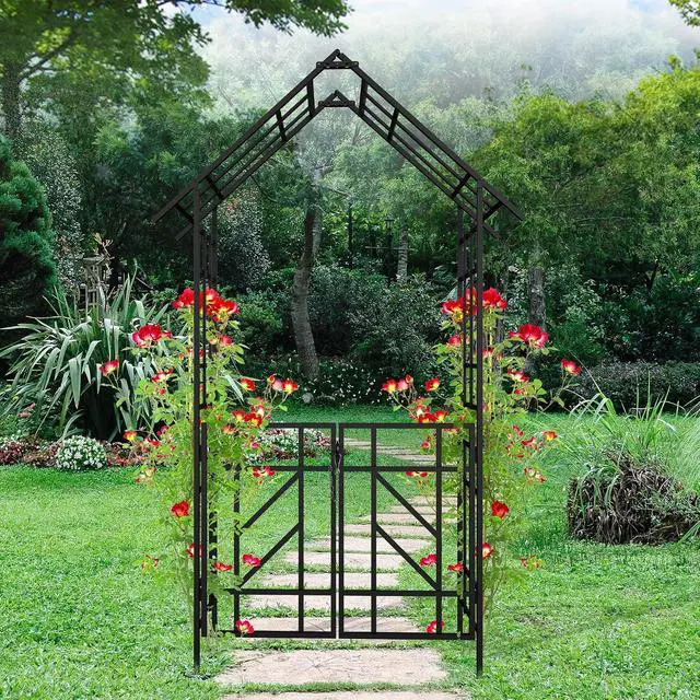 Alt view image 4 of 6 - Metal Garden Arbor with Gate, Garden Trellis for Climbing Plants Outdoor, W4.8Ft*H8.1Ft Wedding Trellis Arch for Lawn, Patio, Backyard, Party, Ceremony Decoration, Black