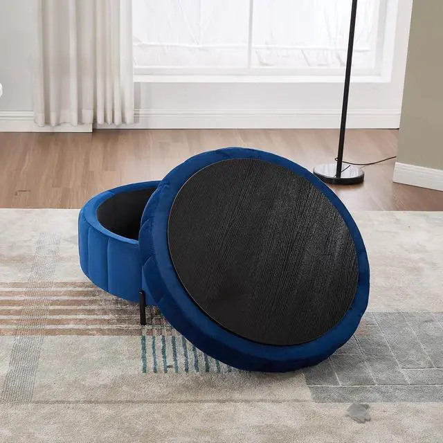 Alt view image 7 of 7 - 31.5" Large Round Ottoman with Storage, Velvet Upholstered Round Coffee Table With Reversible Lid, Tufted Couch Ottoman Storage Stool, Pumpkin-shape Footstool for Living room, Bedroom and Office,Navy