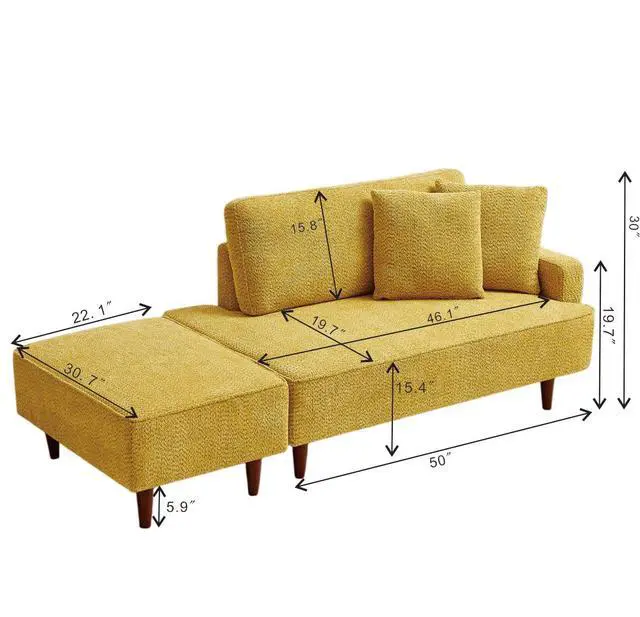 Alt view image 2 of 6 - Boucle Upholstered Chaise Lounge with Stool, Soft Sleeper Chair with Right Hand Armrest and 2 Throw Pillows, Leisure Couch, Accent Reading Chair with for Living Room, Bedroom, Yellow