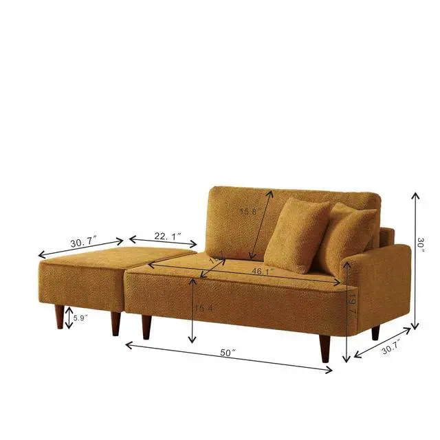 Alt view image 2 of 6 - Boucle Upholstered Chaise Lounge with Stool, Soft Sleeper Chair with Right Hand Armrest and 2 Throw Pillows, Leisure Couch, Accent Reading Chair with for Living Room, Bedroom, Orange