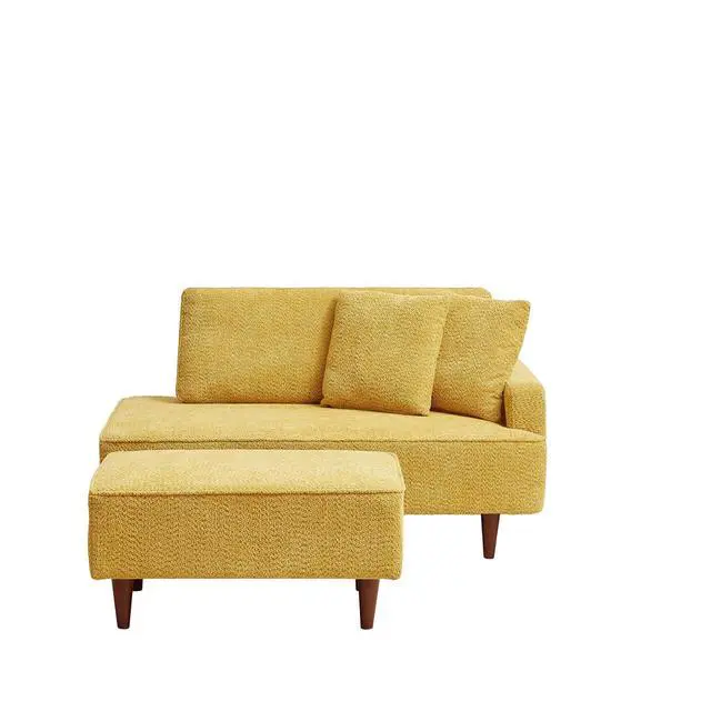 Alt view image 5 of 6 - Boucle Upholstered Chaise Lounge with Stool, Soft Sleeper Chair with Right Hand Armrest and 2 Throw Pillows, Leisure Couch, Accent Reading Chair with for Living Room, Bedroom, Yellow