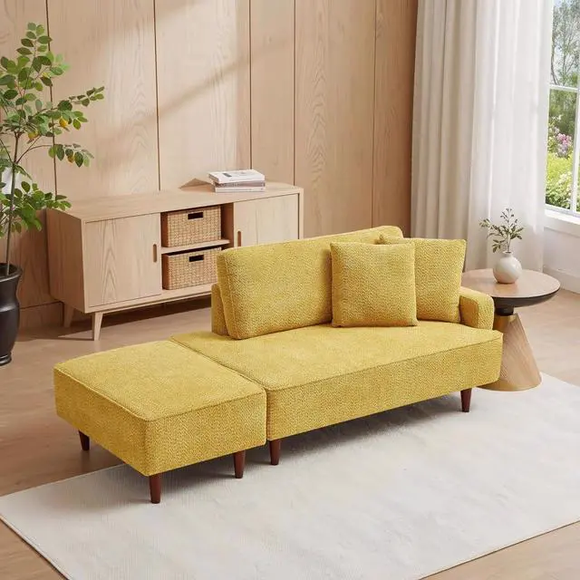 Main image of Boucle Upholstered Chaise Lounge with Stool, Soft Sleeper Chair with Right Hand Armrest and 2 Throw Pillows, Leisure Couch, Accent Reading Chair with for Living Room, Bedroom, Yellow
