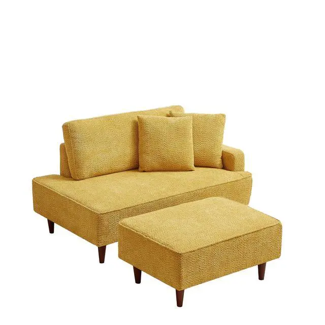 Alt view image 4 of 6 - Boucle Upholstered Chaise Lounge with Stool, Soft Sleeper Chair with Right Hand Armrest and 2 Throw Pillows, Leisure Couch, Accent Reading Chair with for Living Room, Bedroom, Yellow