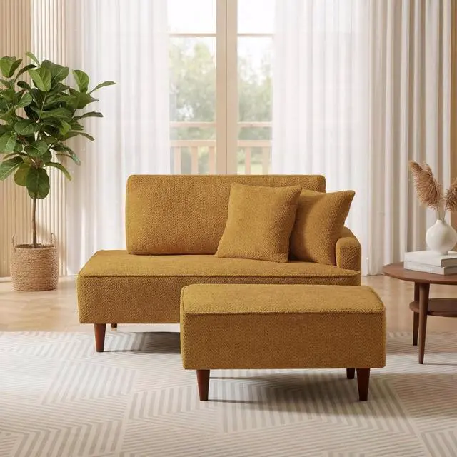 Main image of Boucle Upholstered Chaise Lounge with Stool, Soft Sleeper Chair with Right Hand Armrest and 2 Throw Pillows, Leisure Couch, Accent Reading Chair with for Living Room, Bedroom, Orange
