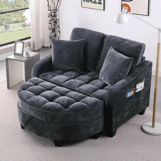 Main image of 51" Loveseat Sofa Bed, 3 IN 1 Convertible Sofa with Storage Footrest, 2 Seater Futon Couch with Adjustable Backrests, Side Pockets, Chaise Longue with Throw Pillows for Living Room and Bedroom, Black