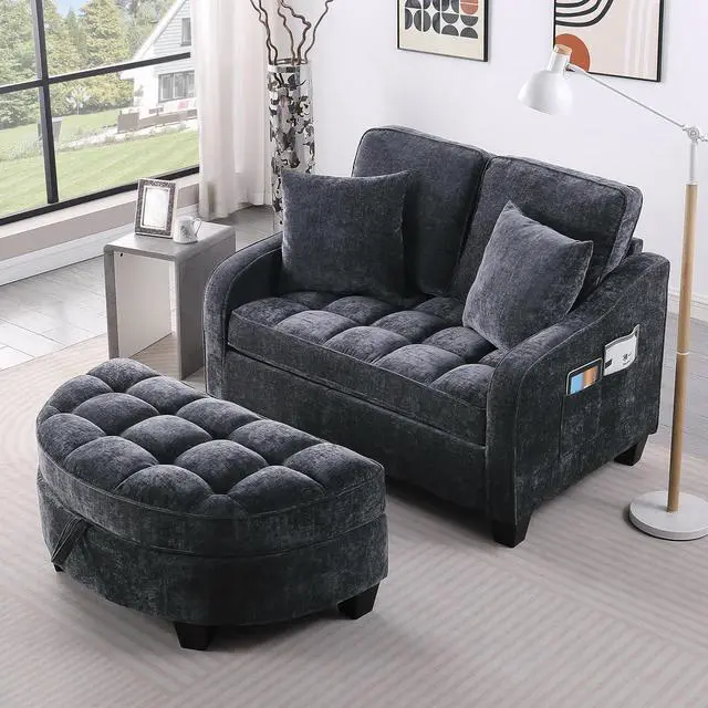 Alt view image 4 of 7 - 51" Loveseat Sofa Bed, 3 IN 1 Convertible Sofa with Storage Footrest, 2 Seater Futon Couch with Adjustable Backrests, Side Pockets, Chaise Longue with Throw Pillows for Living Room and Bedroom, Black