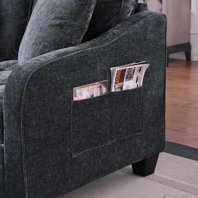 Alt view image 7 of 7 - 51" Loveseat Sofa Bed, 3 IN 1 Convertible Sofa with Storage Footrest, 2 Seater Futon Couch with Adjustable Backrests, Side Pockets, Chaise Longue with Throw Pillows for Living Room and Bedroom, Black