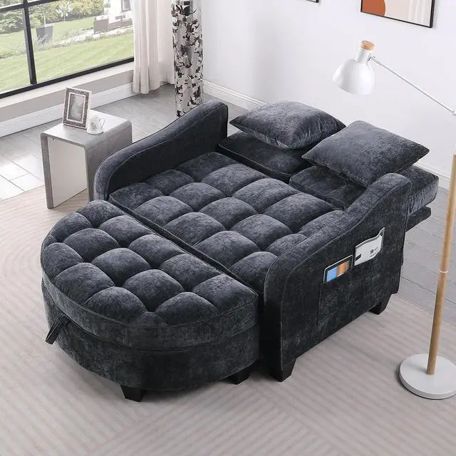 Alt view image 3 of 7 - 51" Loveseat Sofa Bed, 3 IN 1 Convertible Sofa with Storage Footrest, 2 Seater Futon Couch with Adjustable Backrests, Side Pockets, Chaise Longue with Throw Pillows for Living Room and Bedroom, Black