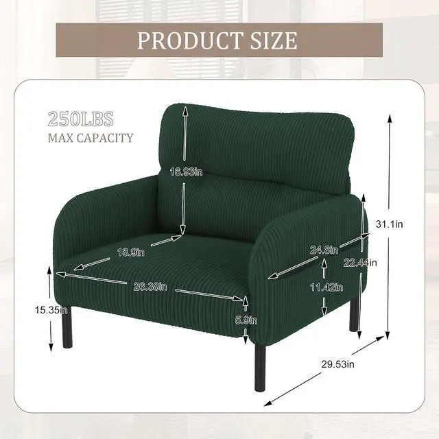 Alt view image 2 of 7 - Comfy Single Sofa Chair with Wide Seat, Corduroy Upholstered Modern Accent Armchair with Side Pockets and Reinforced Legs, Living Room Readubg Chair for Bedroom, Waiting Room, Balcony, Emerald